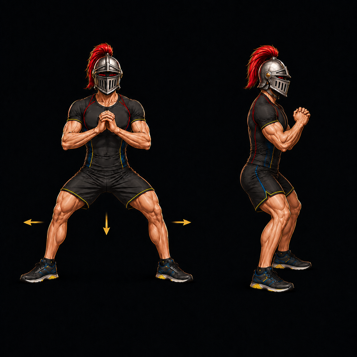 Front and side views of a Crusader athlete holding a moderately lowered wide horse stance with the torso upright.