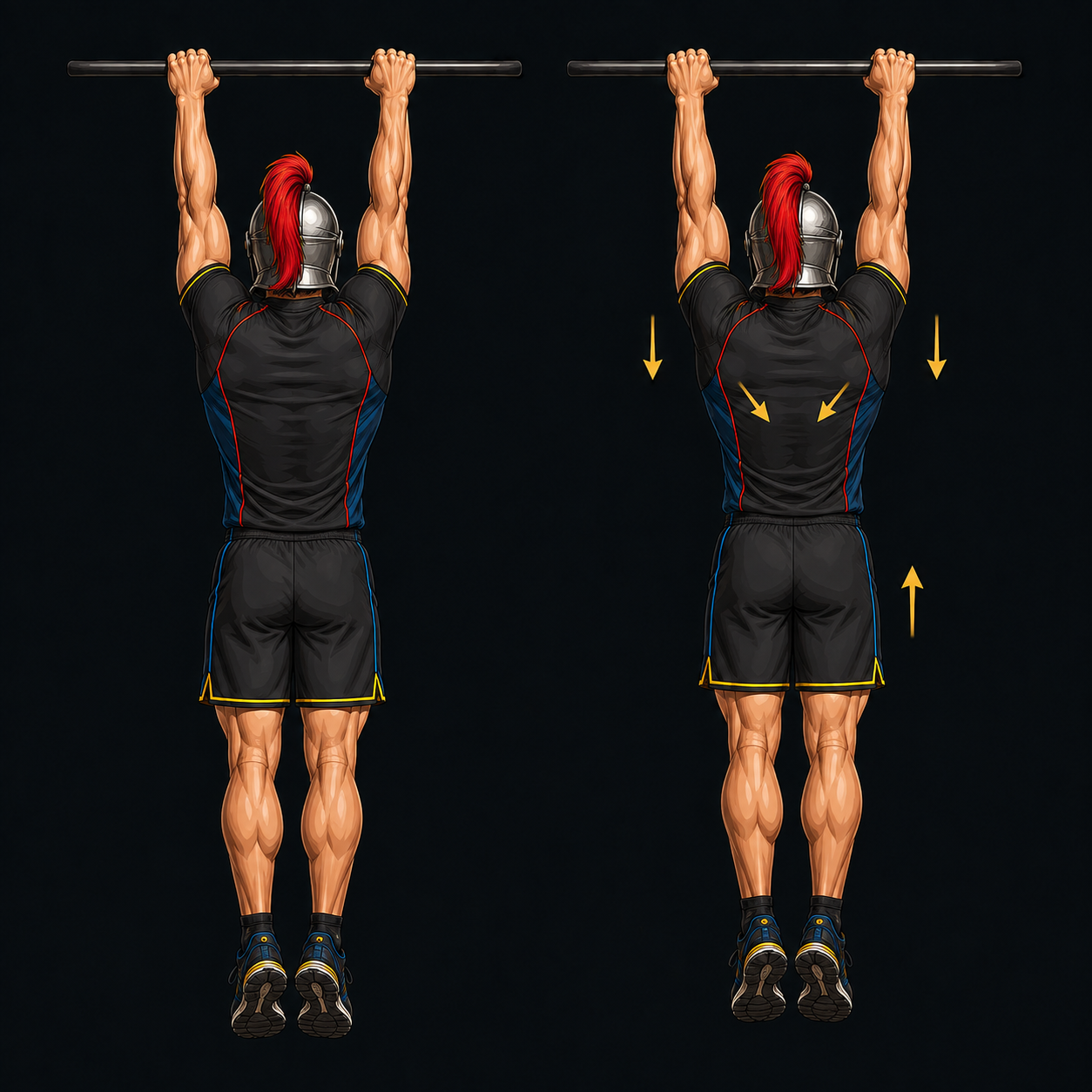 Back view comparison of a relaxed dead hang and active scapular hold with straight elbows and the shoulders drawn down away from the ears.